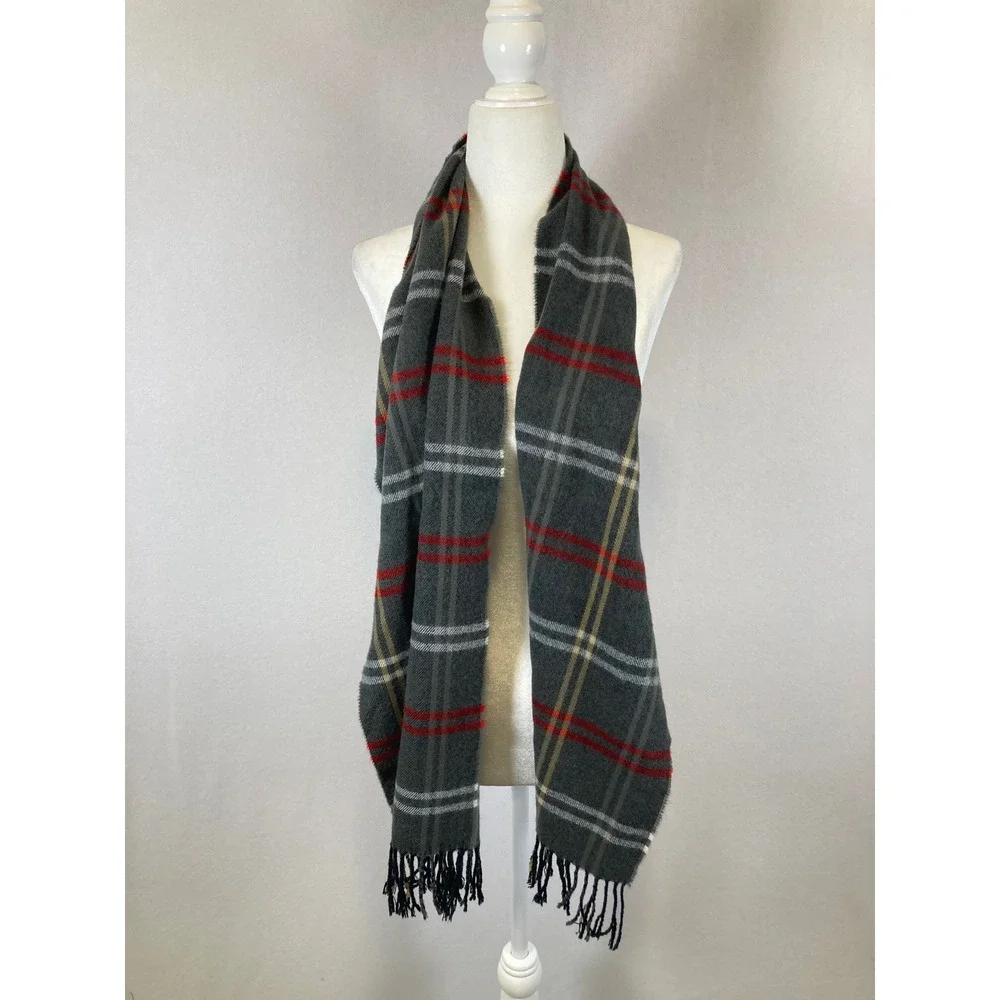 Classic Dark Academia Unbranded Womens OS Grey‎ Red Plaid Fringed Winter Scarf
